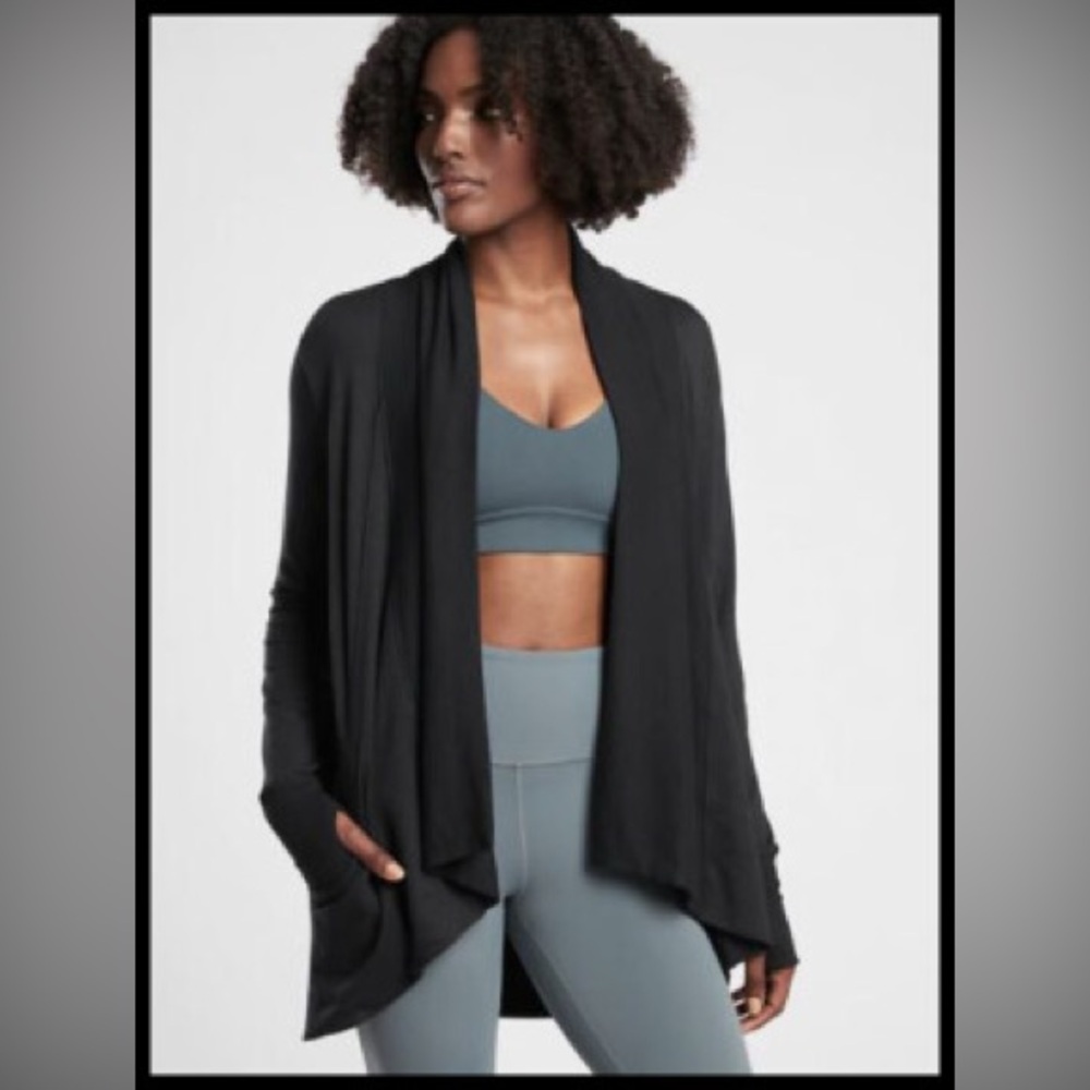 Athleta Pranayama Black Open Front Cardigan Womens Size XS‎ Oversized Pockets